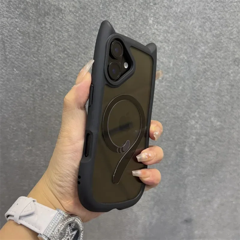 Cartoon Cat Ear for Magsafe Wrist Strap Case for iPhone 16 15 17 Pro Max Air 14 Plus 13 12 11 Lanyard Magnetic Transparent Cover