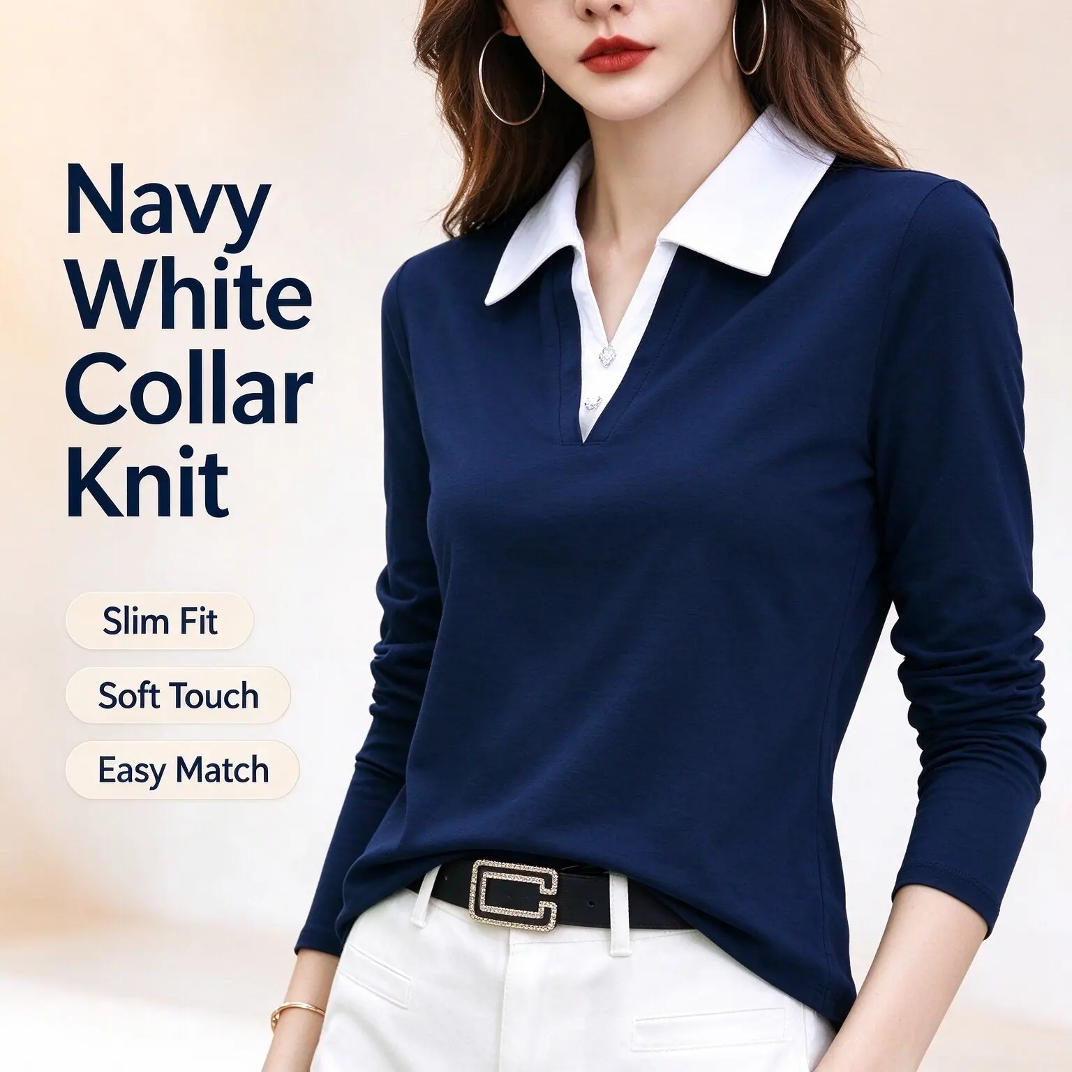 Women Fake Two Piece Polo Long Sleeve Top Contrast Lapel V Neck Clover Button Slim Casual Commuter T Shirt Autumn Blouse