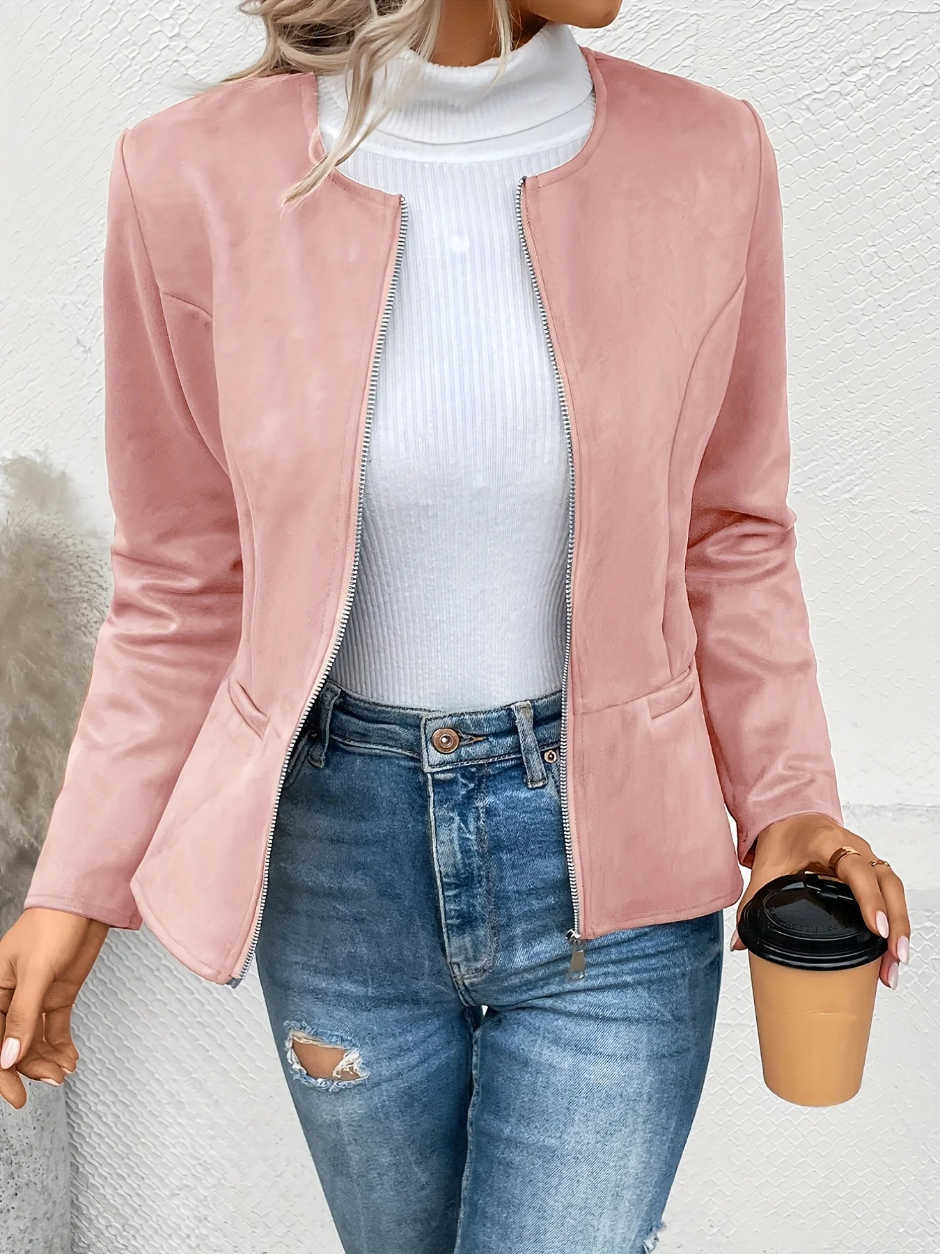 Women's Fashion Round Neck Slim Fit Top Long sleeved Access Control Zipper Cardigan Short Jacket