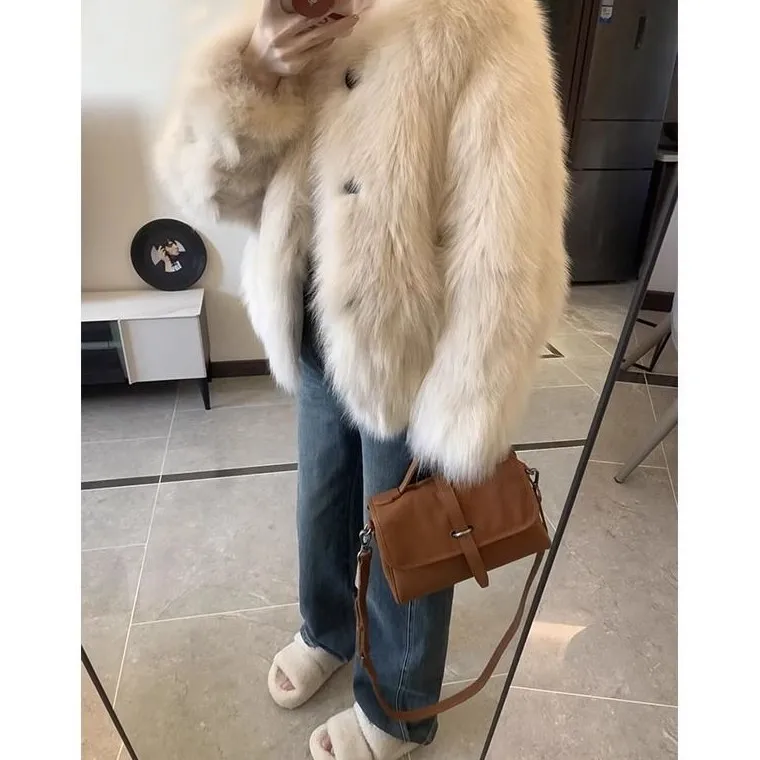 

Faux Fur Neck Collar Coats Womens Autumn-Winter Solid Plaid Huge Tie Regular Casual-Chic Dyed Suitable Multiple Leopard Ins Slim