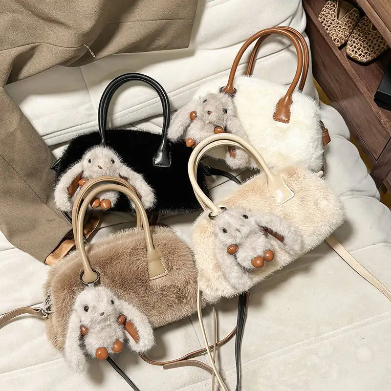 

Faux Fur Cylindrical Top Handle Bag with Rabbit Plush Charm Detachable Shoulder Strap Fashion Handbag for Daily Casual Outfits