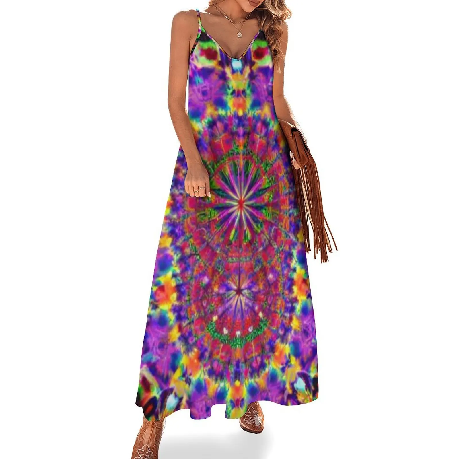 

Tie dye vibrant Ai art Disco ball disco fever boogie dance 70s club disco party checkered Sleeveless Long Dress