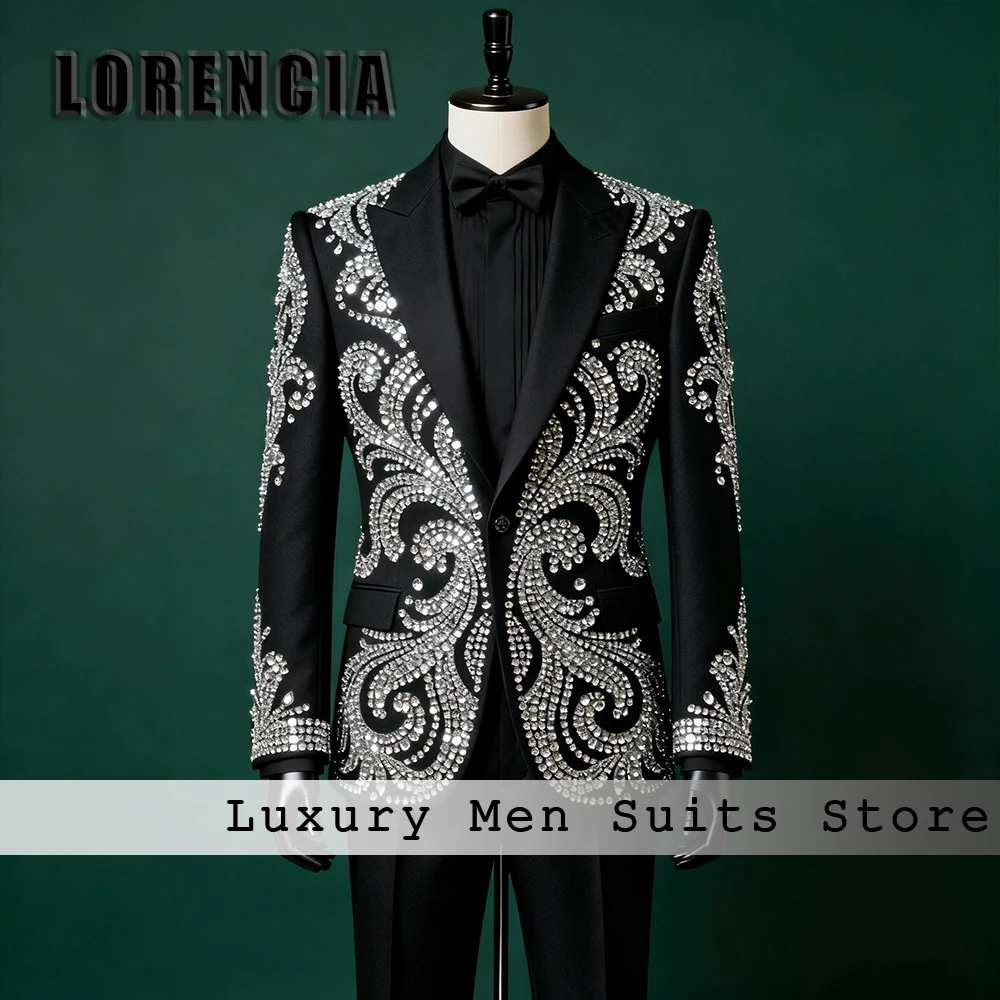 

Мужские костюмы с блестками и стразами, сверкающие смокинги с кристаллами, комплект нарядов для свадебной вечеринки, пиджак по индивидуальному заказу, брюки, traje hombre Modern