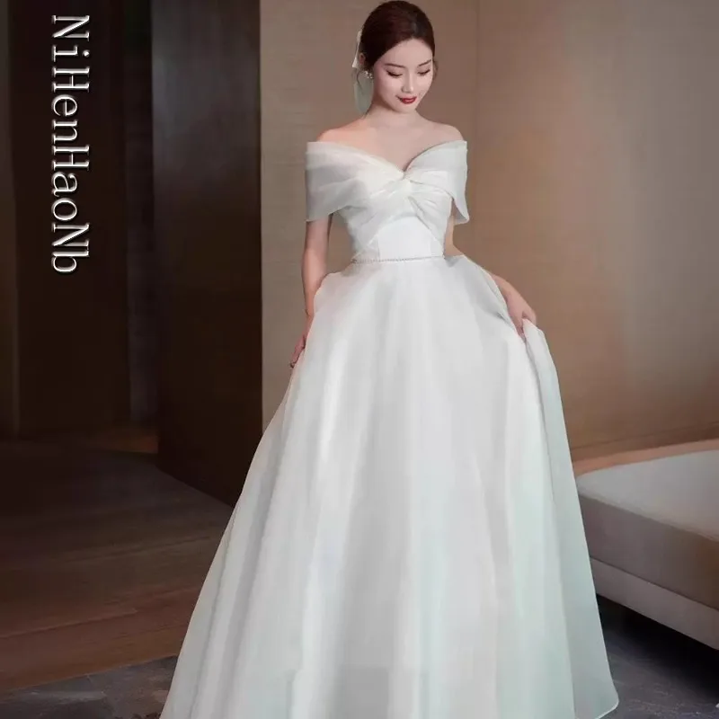 French Light Wedding Dress Bride Super Fairy White Temperament One-word Shoulder Dress Vestidos De Novia