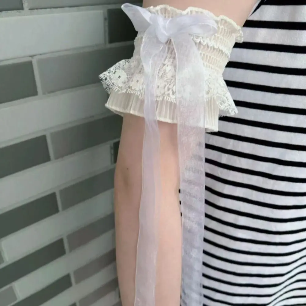 Fashion Lace Lolita Arm Sleeve Elastic Bow Knot Ruffled Fake Sleeves Cuffs Detachable Versatile Ribbon Arm Cuffs Daily Accessory