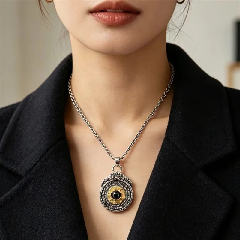 Blessing Eight Treasures of Buddhism Eye Lotus Necklace Women Jewelry Retro Relief Flame Beast Mantra Wheel Pendant For Men view 4