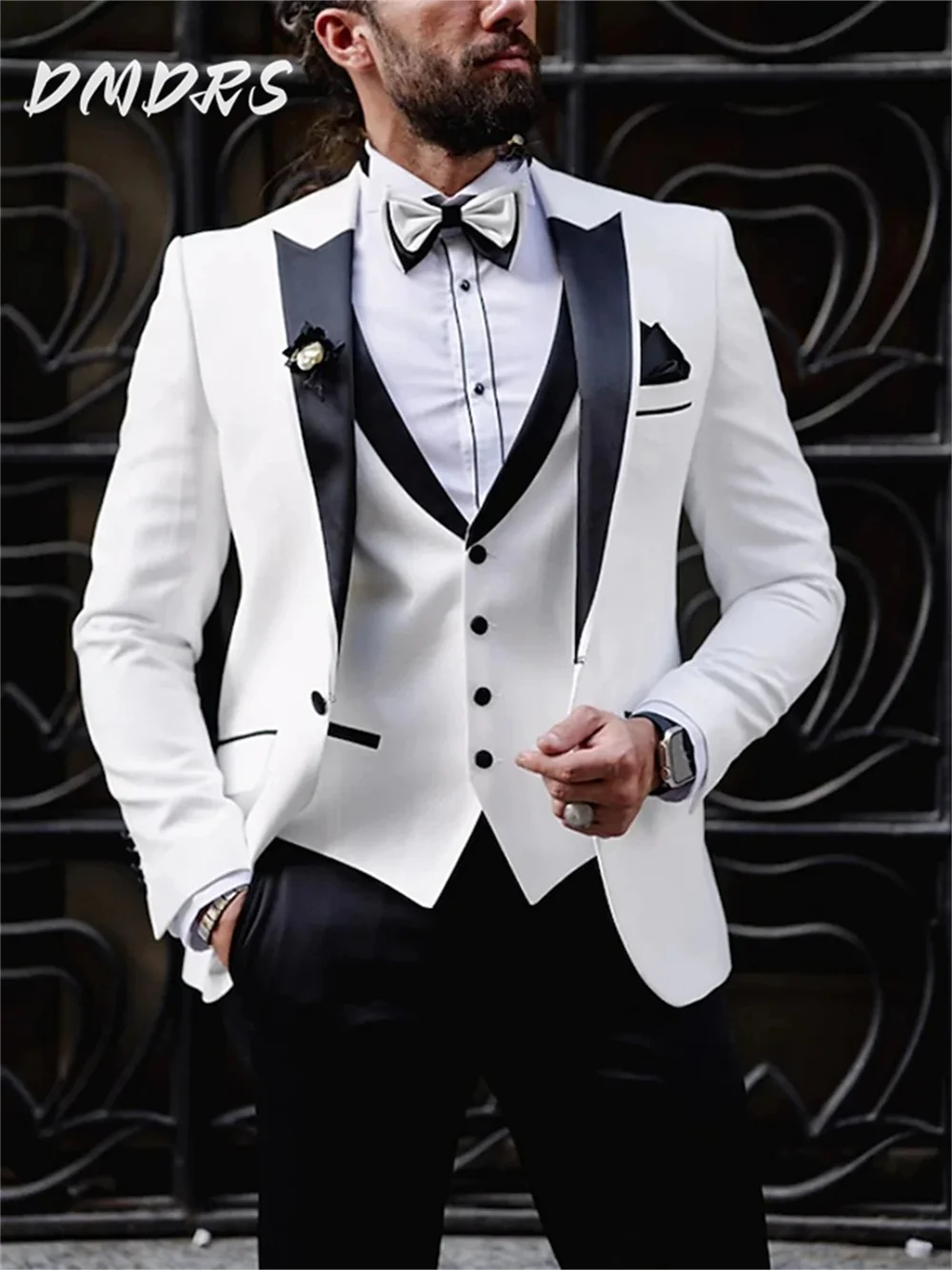 Classic Peak lapel ชายเสื้อสูทกางเกง 3 ชิ้นธุรกิจคลาสสิกผู้ชายลายชุดสําหรับเจ้าบ่าวงานแต่งงาน Double Breasted Suit