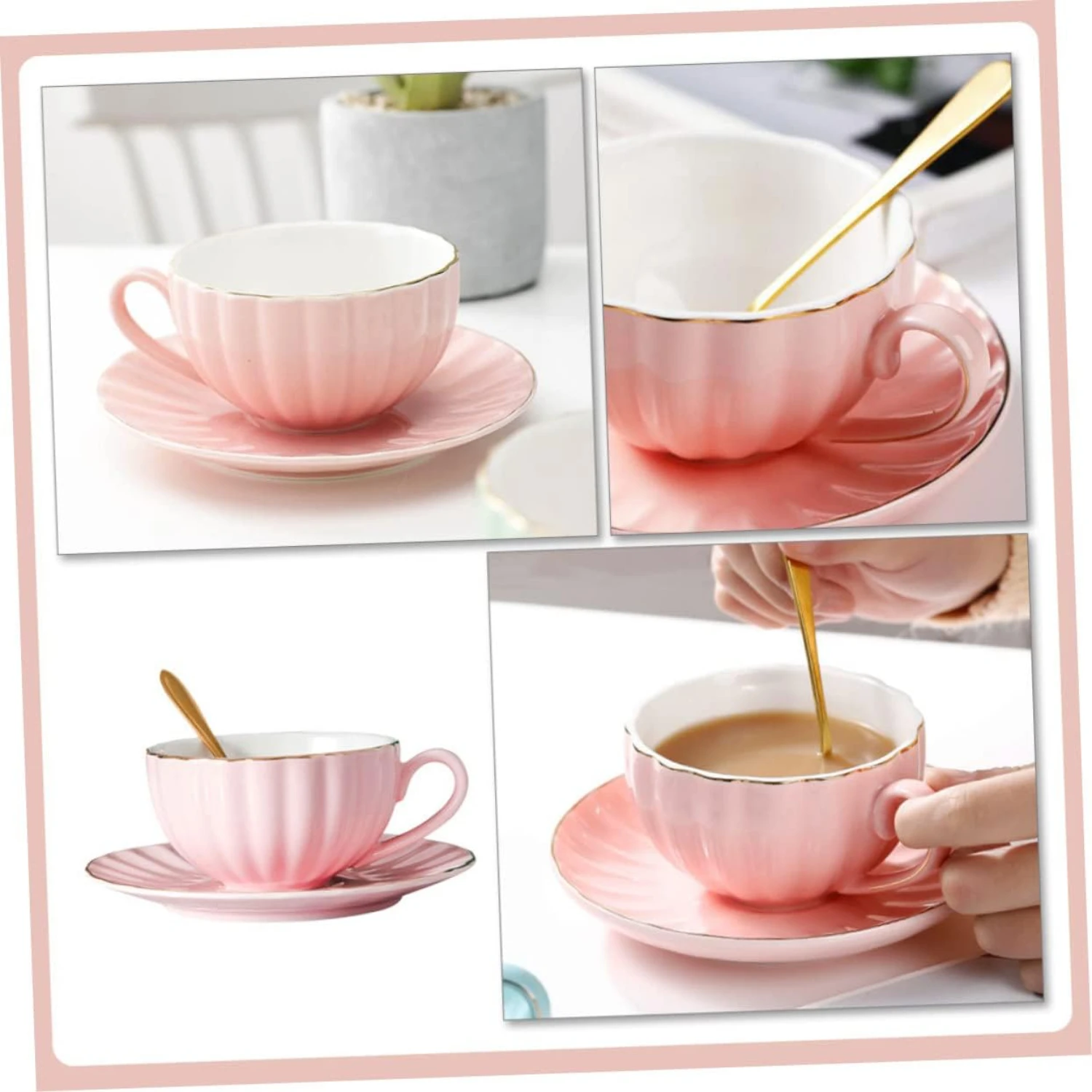 Elegant European Pink Ceramic Coffee Cup and Saucer Set - Stylish 1 Set of Ceramic Milk Mug and Porcelain Turkish Tea Cup - Mode