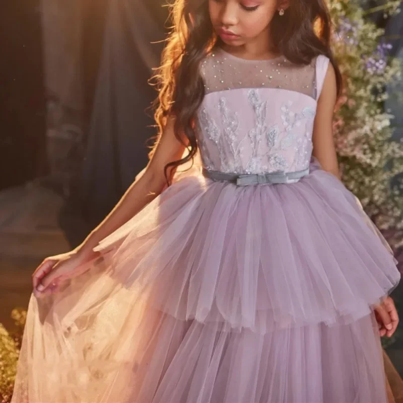 Vestido de encaje sin mangas para niña de las flores, línea A, largo hasta el suelo, cuello redondo, vestido de graduación de desfile de princesa para boda, vestido de noche para dama de honor