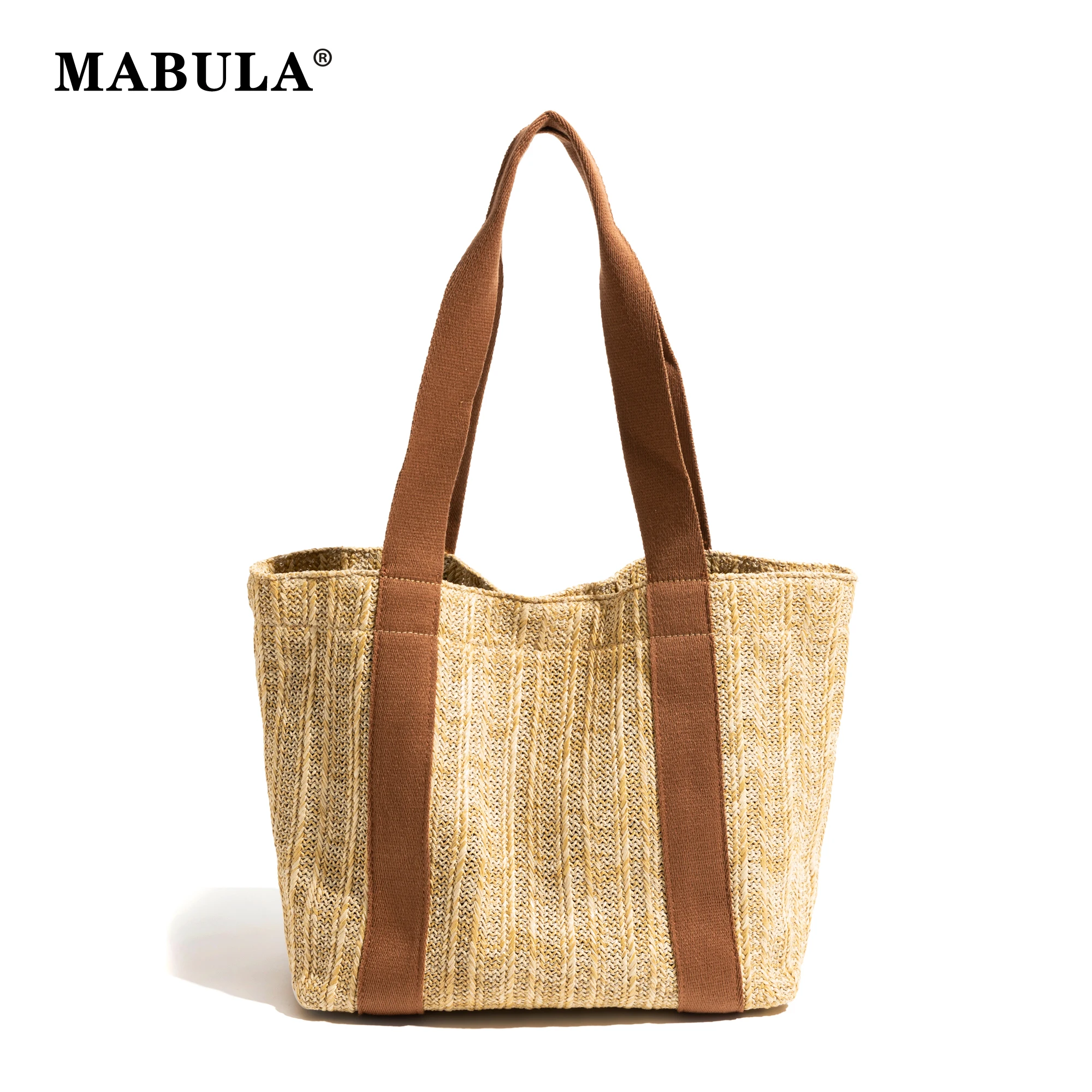 

MABULA Women Straw Weave Casual Tote Bag Solid Color Splicing Shoulder Purse Handmade Vacation Travel Beach Shopping Grocery Bag