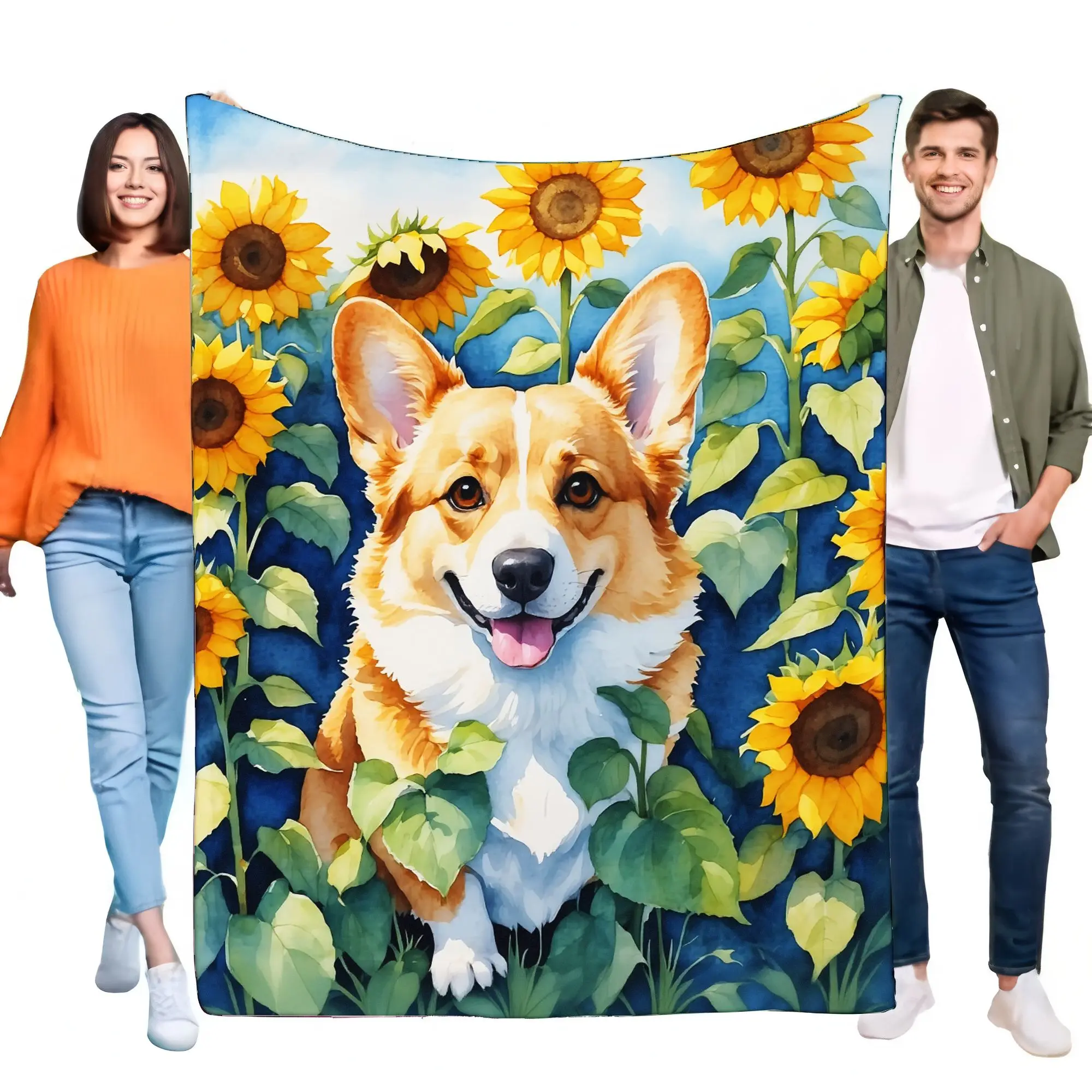 Corgi-Decke, niedliches Hundesonnenblumen-Design, weiche, flauschige Überwurfdecke für alle Jahreszeiten, perfektes Geschenk für Hundeliebhaber und Heimdekoration