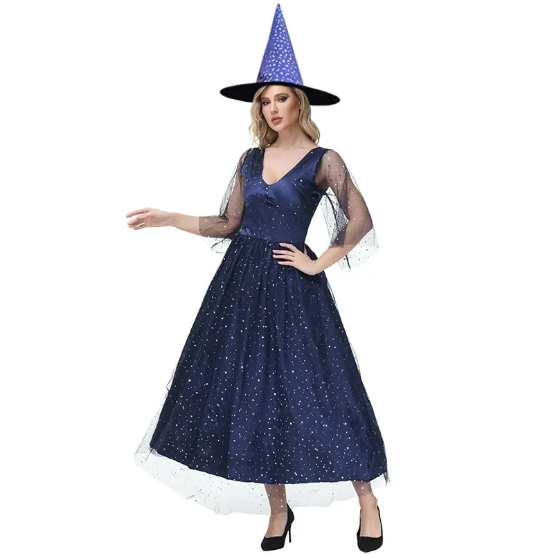 Halloween adulto com decote em v gaze azul estrela lua bruxa cosplay traje