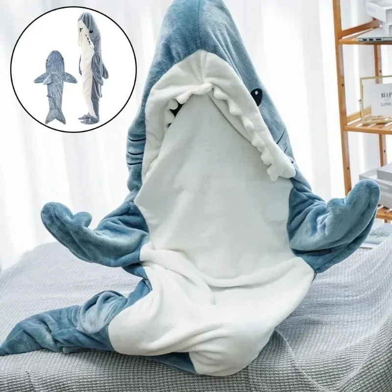 Cartoon Shark Blanket Plaid Gown Sleeping Bag Women Pajamas Adult Blanket Flannel Shark Nightrobe Comfy Bathrobe Homewear Gift