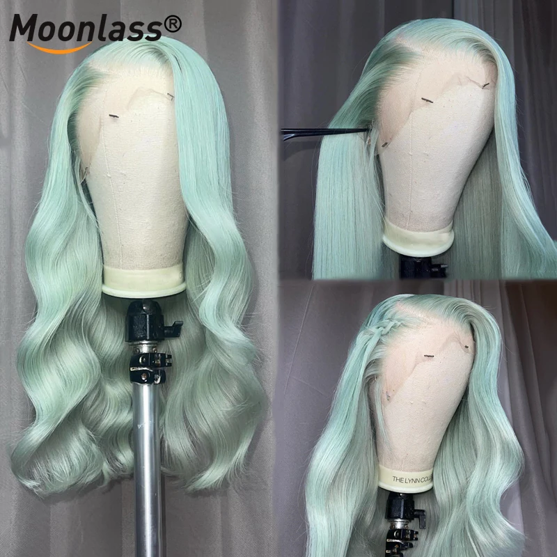 Perruque Lace Frontal Wig Body Wave brésilienne naturelle, cheveux lisses, gris ombré, bleu, 13x4