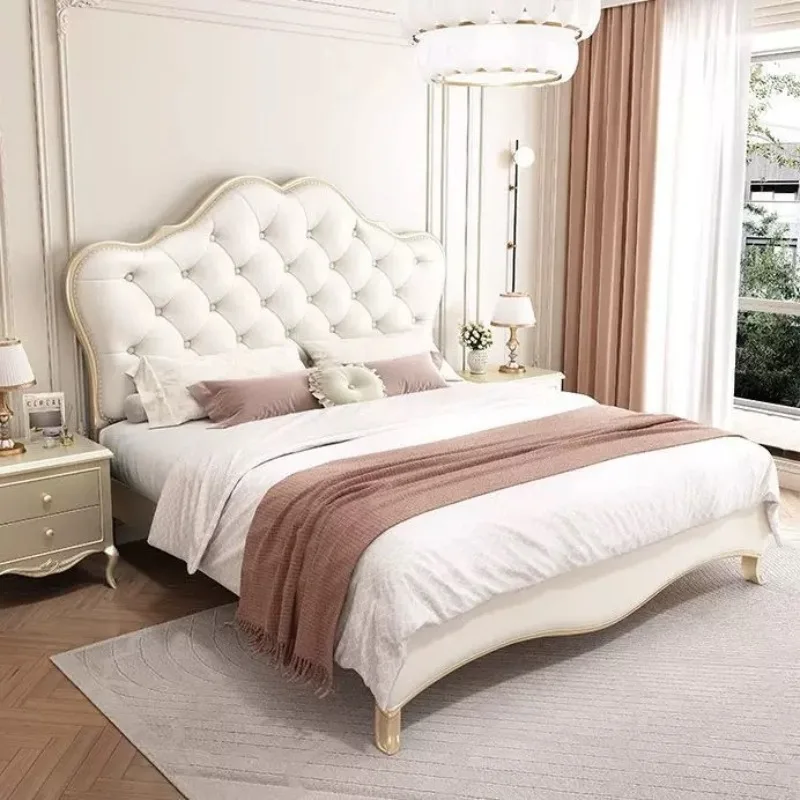 Solid wood master bed household 1.8 meters double bed first layer cowhide