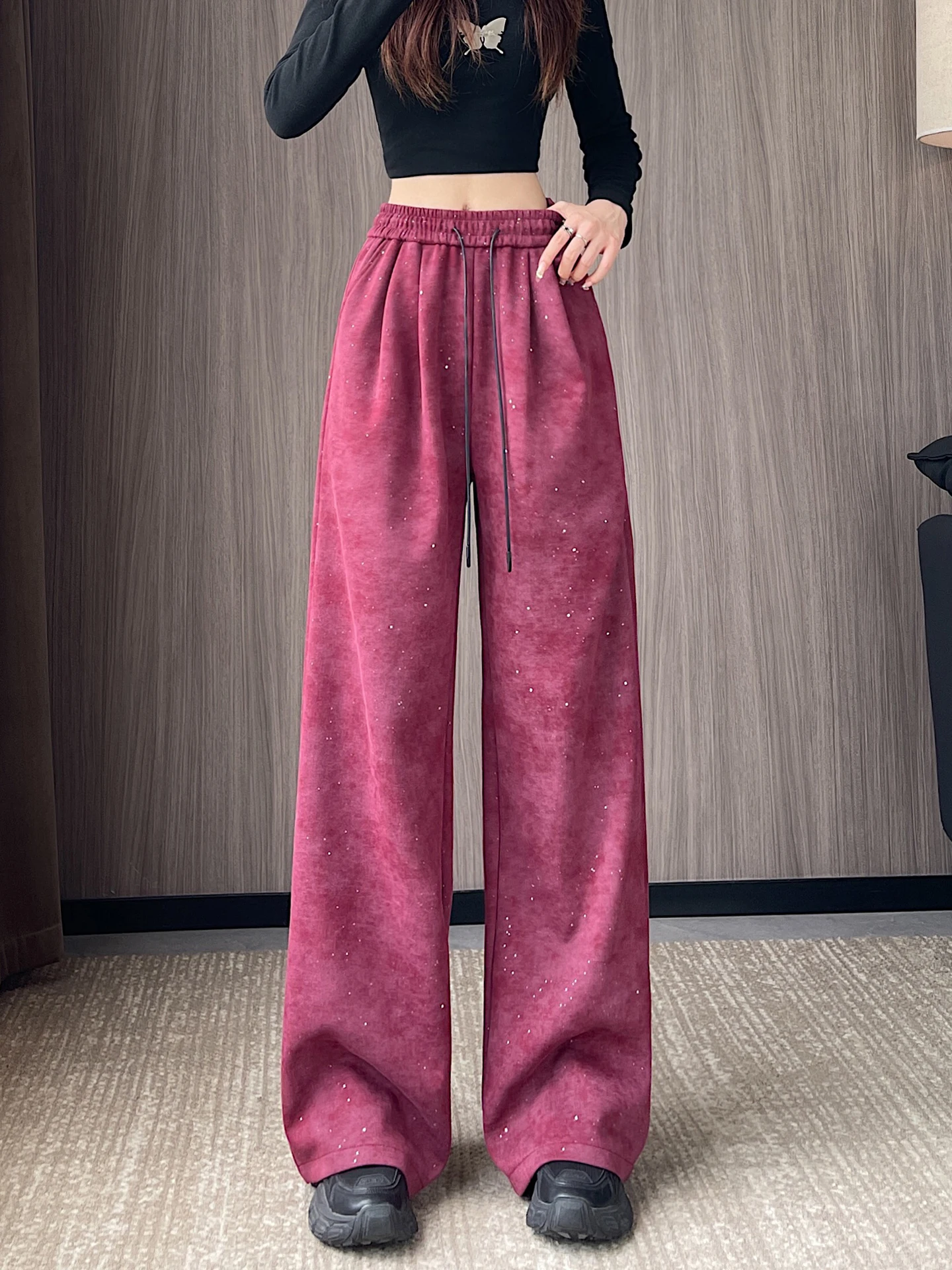 Pantalones deportivos de pierna ancha de cintura alta para mujer, pantalón informal holgado teñido, corte recto, para ir al trabajo, Color puro Simple coreano