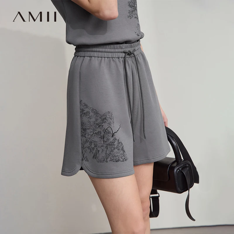 AMII Minimalist Summer Casual Shorts for Women 2025 Print Sports Style Short Pants Female Fashion Straight Pant Woman 12522004