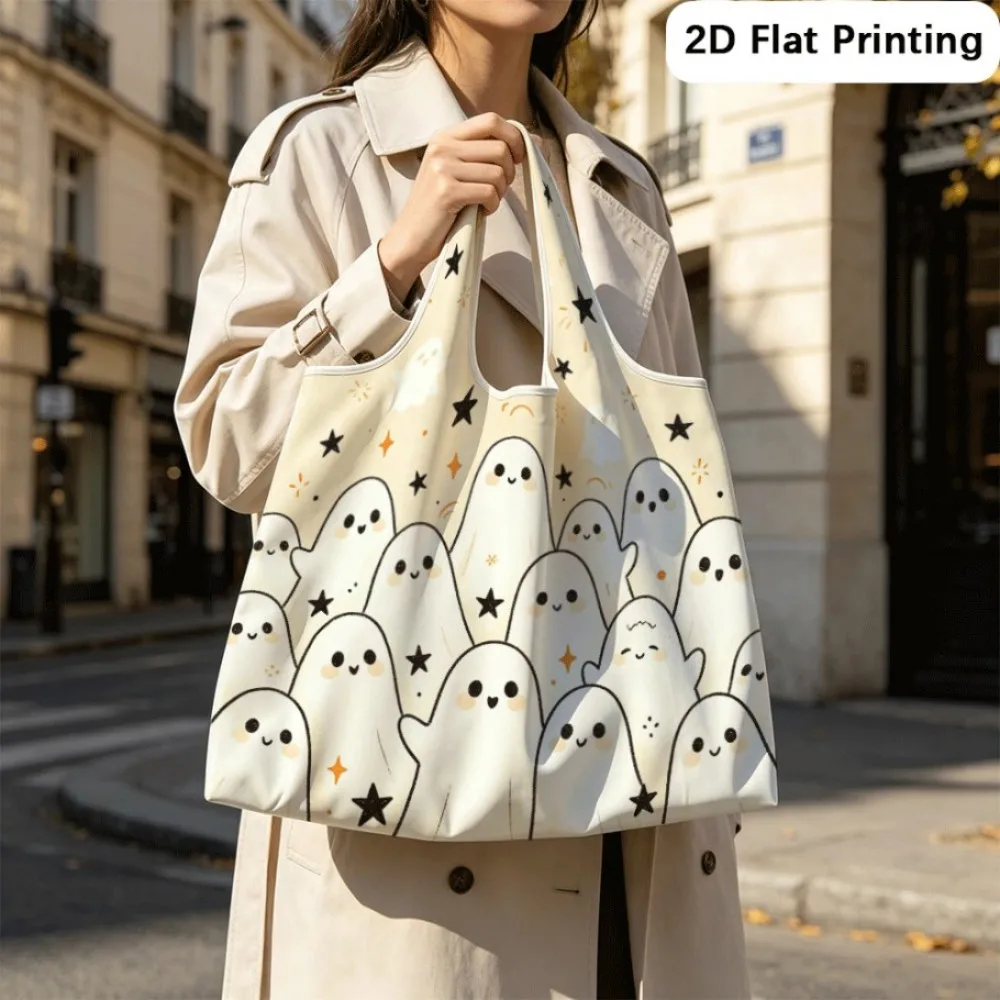 Cute ghosts play with bright stars Foldable tote bag, simple shoulder design for daily outfits.