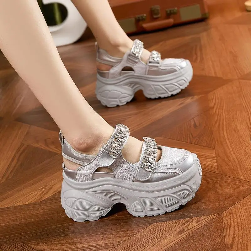 

Thick Heel Mary Janes Women's Sandals Hollow out Diamond Studded Leather Casual Slip-On Shoes Anti-Slip Rubber Outsole