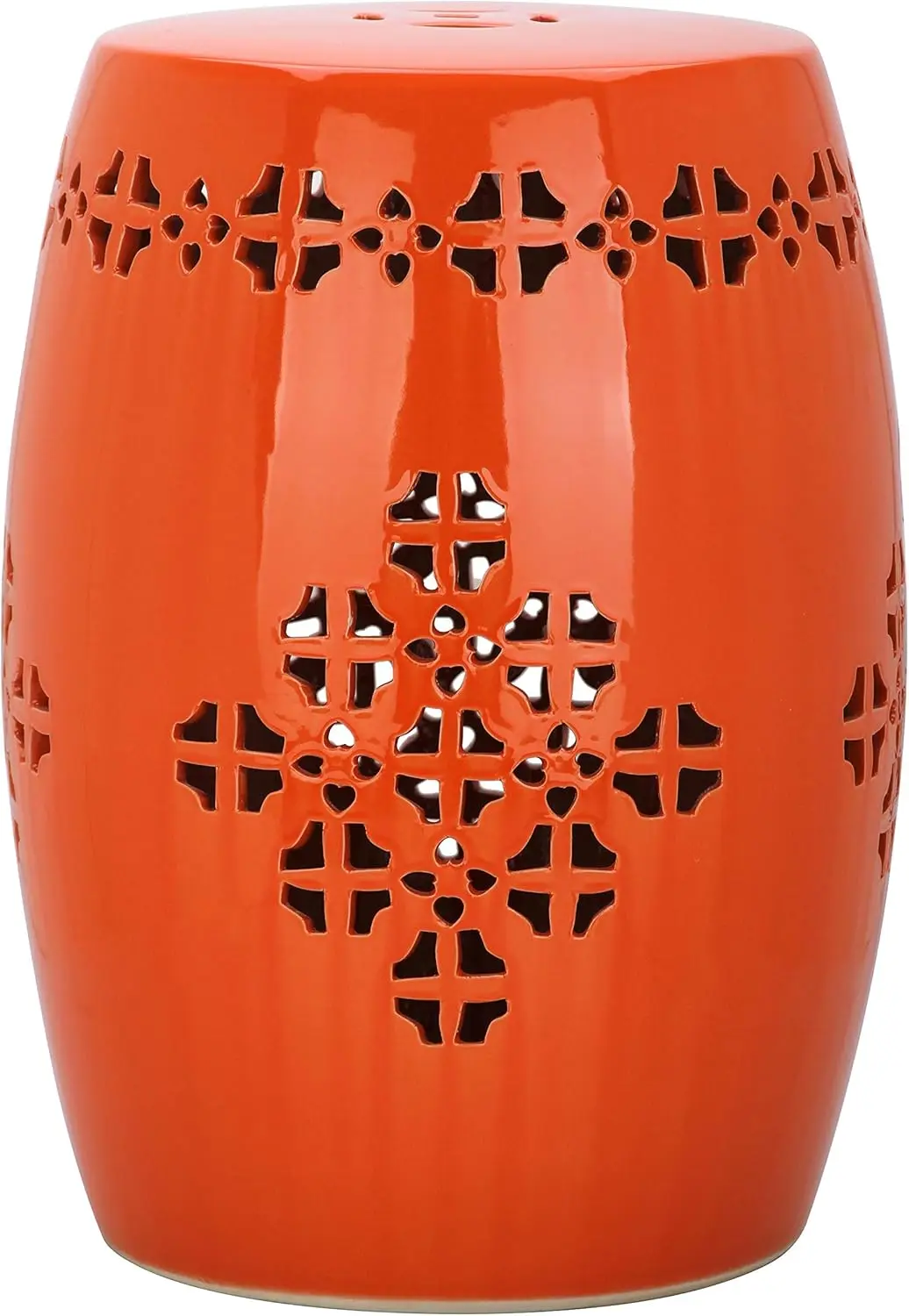 

Оранжевый керамический садовый табурет в форме четырехлистника для декора внутри и снаружи помещений, полностью собранный