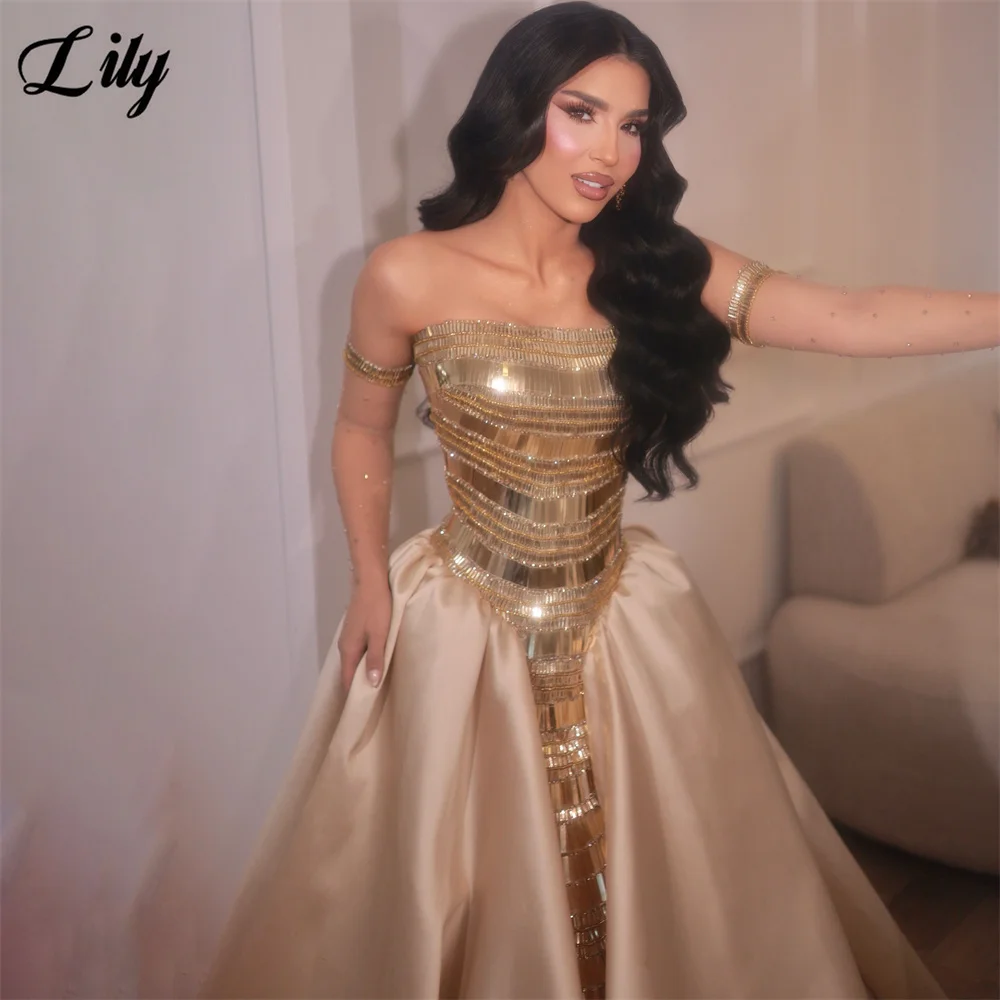 Lily Champagne Formal Gown Sequin Crystal Mermaid Prom Dresses with Draped Satin Evening Dress Gorgeous Modern Style Customized