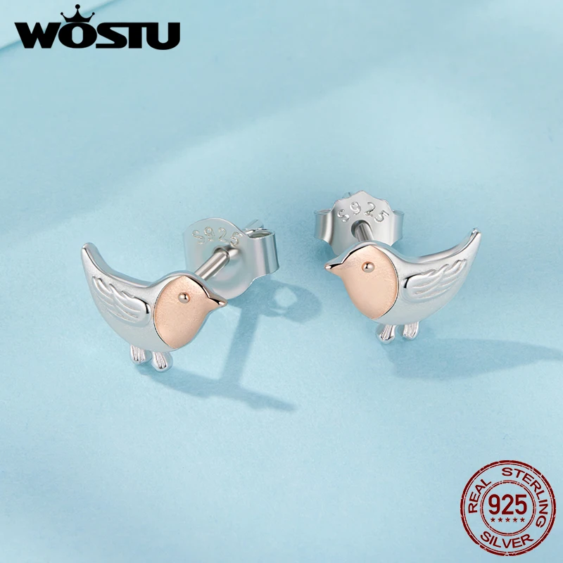 WOSTU 925 فضة صغيرة روبن الطيور وأقراط للنساء نغمتين s925 الفضة ارتفع الذهب Minin الحيوان ترصيع القرط