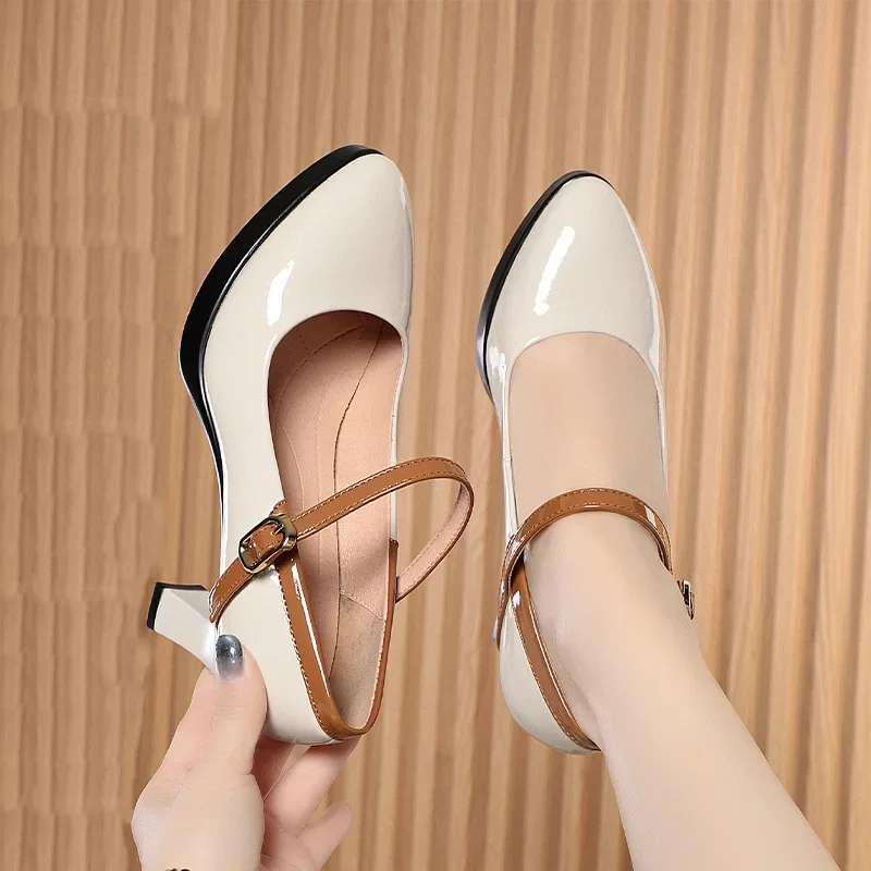 7cm Fashion Shallow Ankle Buckle Patent Leather Shoes Women\'s Mary Janes 2024 Spring Block High Heels Shoes for Office Model