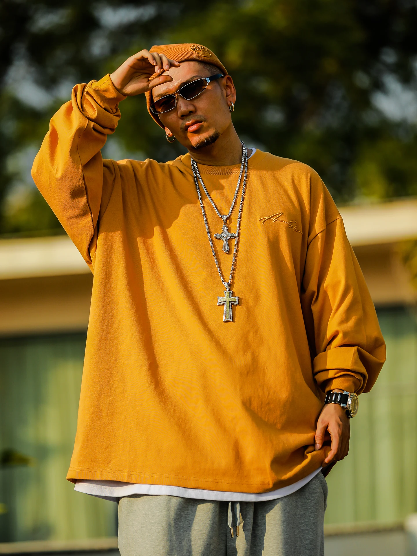 Loose Fit Men's Long Sleeve T-Shirt Pure Cotton Casual Hip Hop Basic Style round Neck Sweatshop Free West Coast Large Size