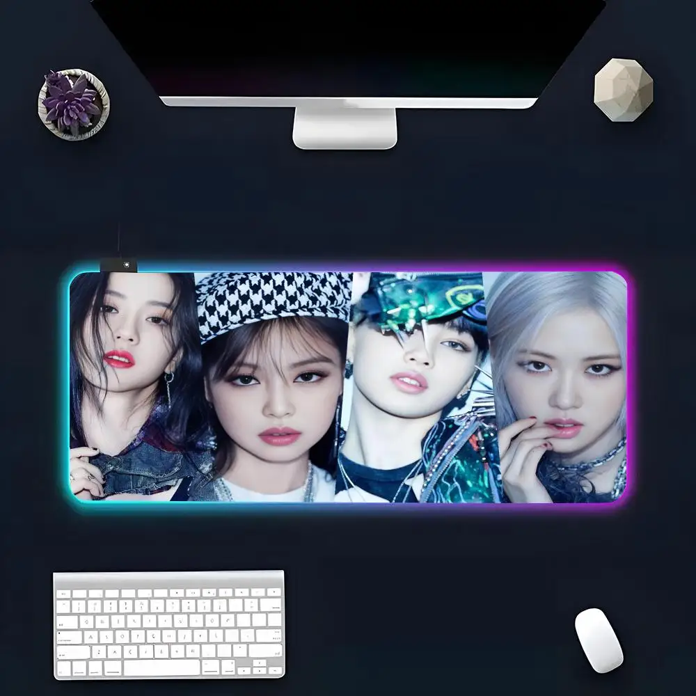 B-BLACKS Kpop P-Pink Mouse Pad RGB Glow Personality Picture Custom PC Table Mat Carpet Mat Game Player Dedicated LED