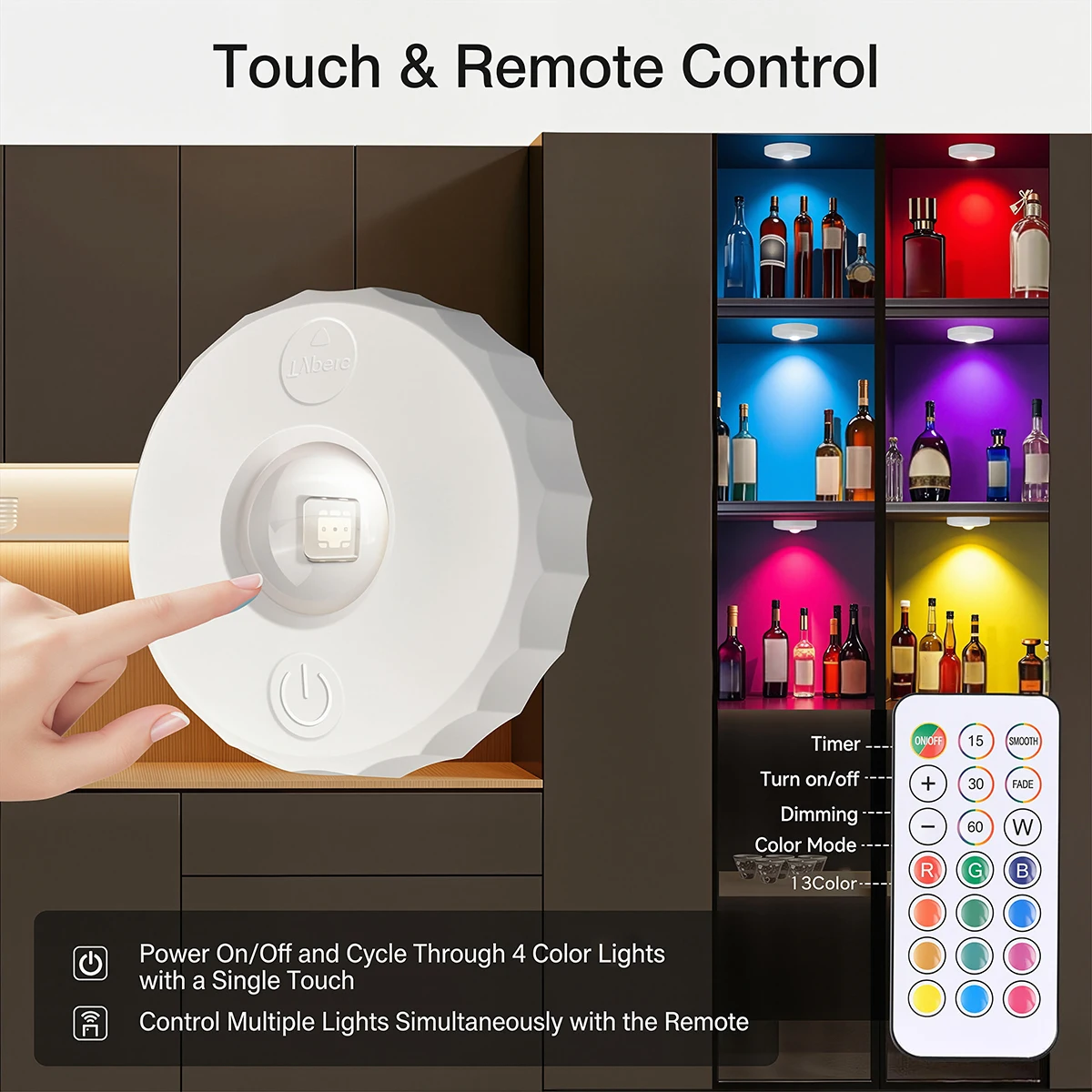 USB Rechargeable Under Cabinet Lights RGB Led Night Light Spotlights for Kitchen Display Closet with Remote Control Dimmable