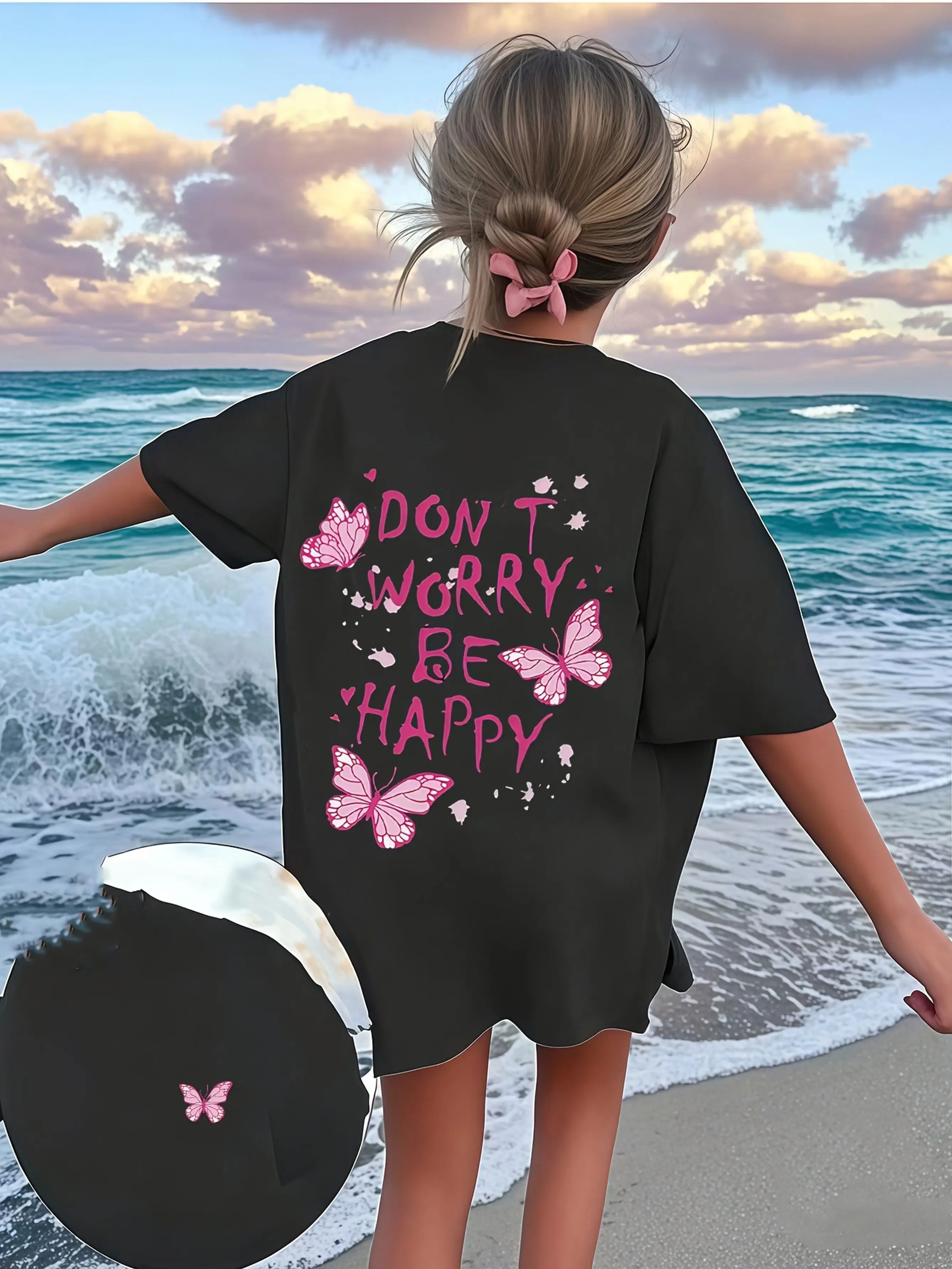 T-Shirt Featuring Butterfly Fit and A Cheerful 'Don'T Worry Be Happy' Messag Butterfly Print Makes It Perfect for Summer Outings