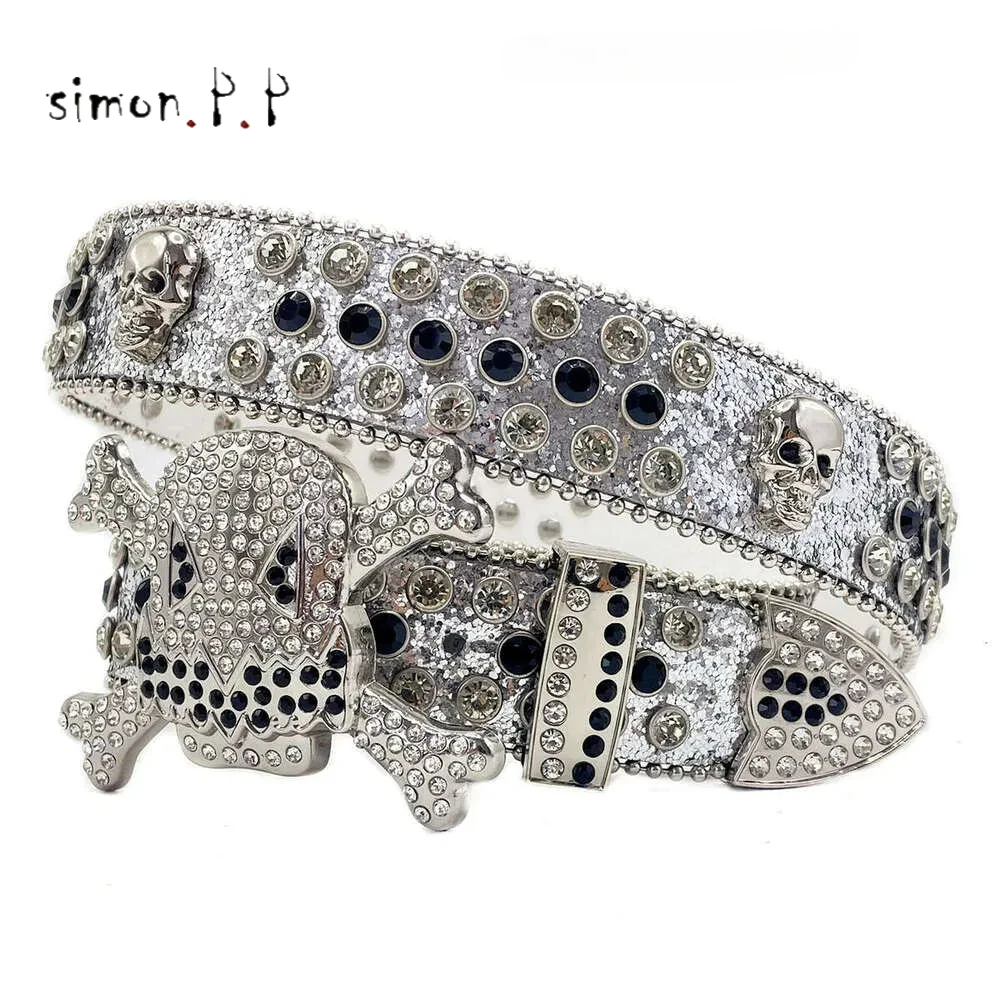 Punk Skull Western Rhinestones Belt Punk Luxury Designer Brand Bling Diamond Studded Belts Cowgirl Cowboy Cinturones Para Mujer