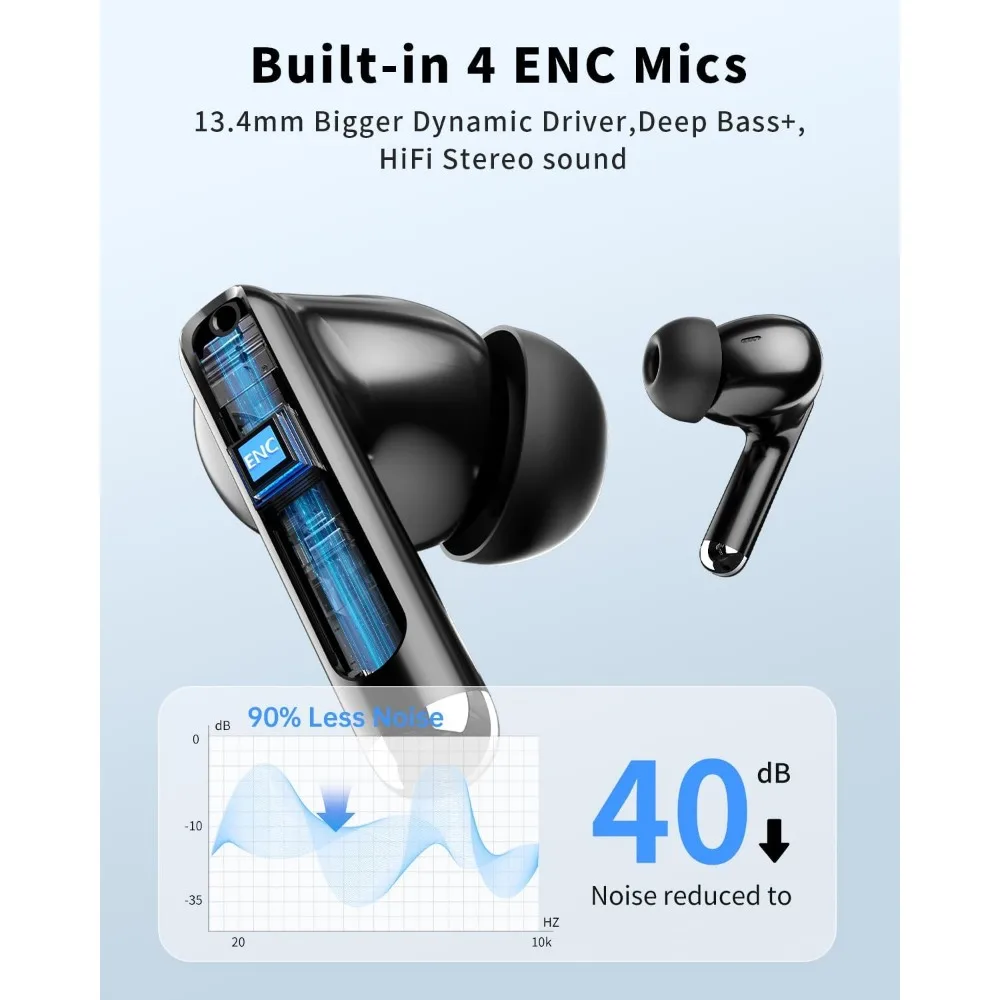 Bluetooth Earbuds with 50H Playtime, Deep Bass, Waterproof, In-Ear Mic for Phone and Tablet view 3