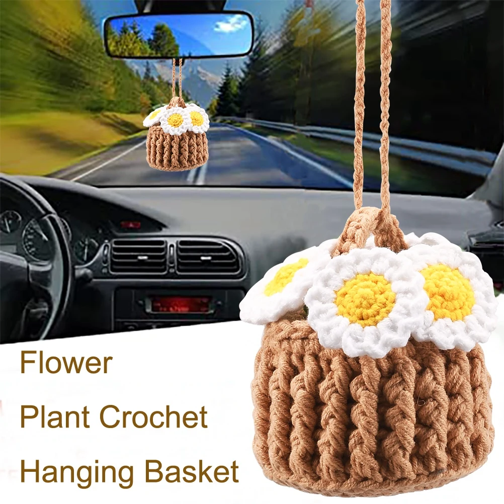 Car Rear View Mirror Pendant Cute Potted Plants Decoration Accessories Crochet Hanging Basket Cute Car Ornament