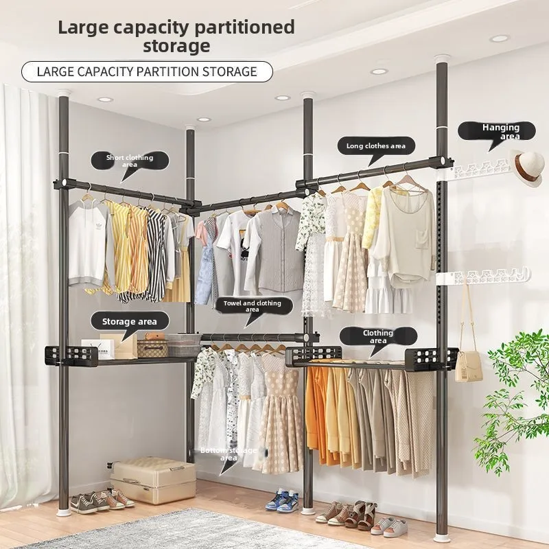 Floor To Ceiling Adjustable Clothes Rack Telescopic Metal Poles No Drill Wardrobe Hanging Rail Bedroom Dormitory Balcony Laundry