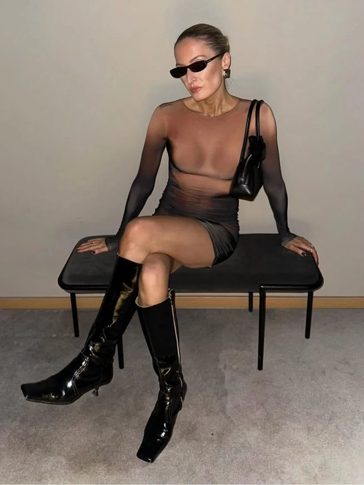 CNYISHE Gradient Color Hip Wrap Spring New Party Outfits Skinny Women Dresses O Neck Lomg Sleeve Sheer Female Bodycon Vestidos