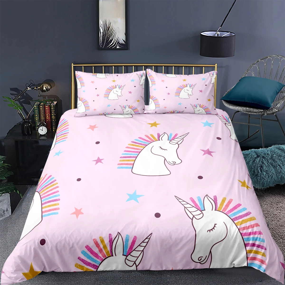 Imagem -04 - Conjunto de Cama Unicórnio para Crianças Colcha Capa de Edredão Fronha Roupa de Cama Gêmeo Completo Rainha King Size Crianças Bebê