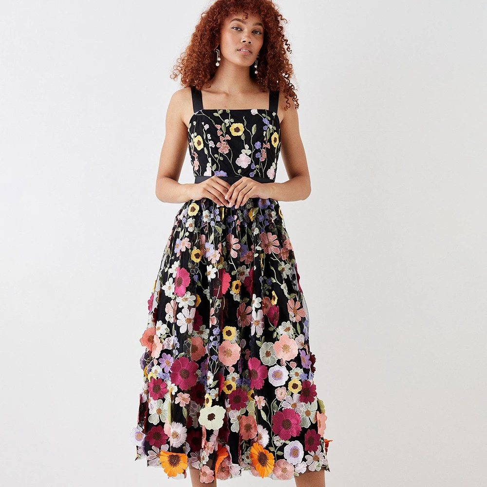 Customized Multi 3D Floral Midi Prom Gowns Black Blossom Wildflower Wide Straps Cami Tea Length Bloom Boho Evening Dress