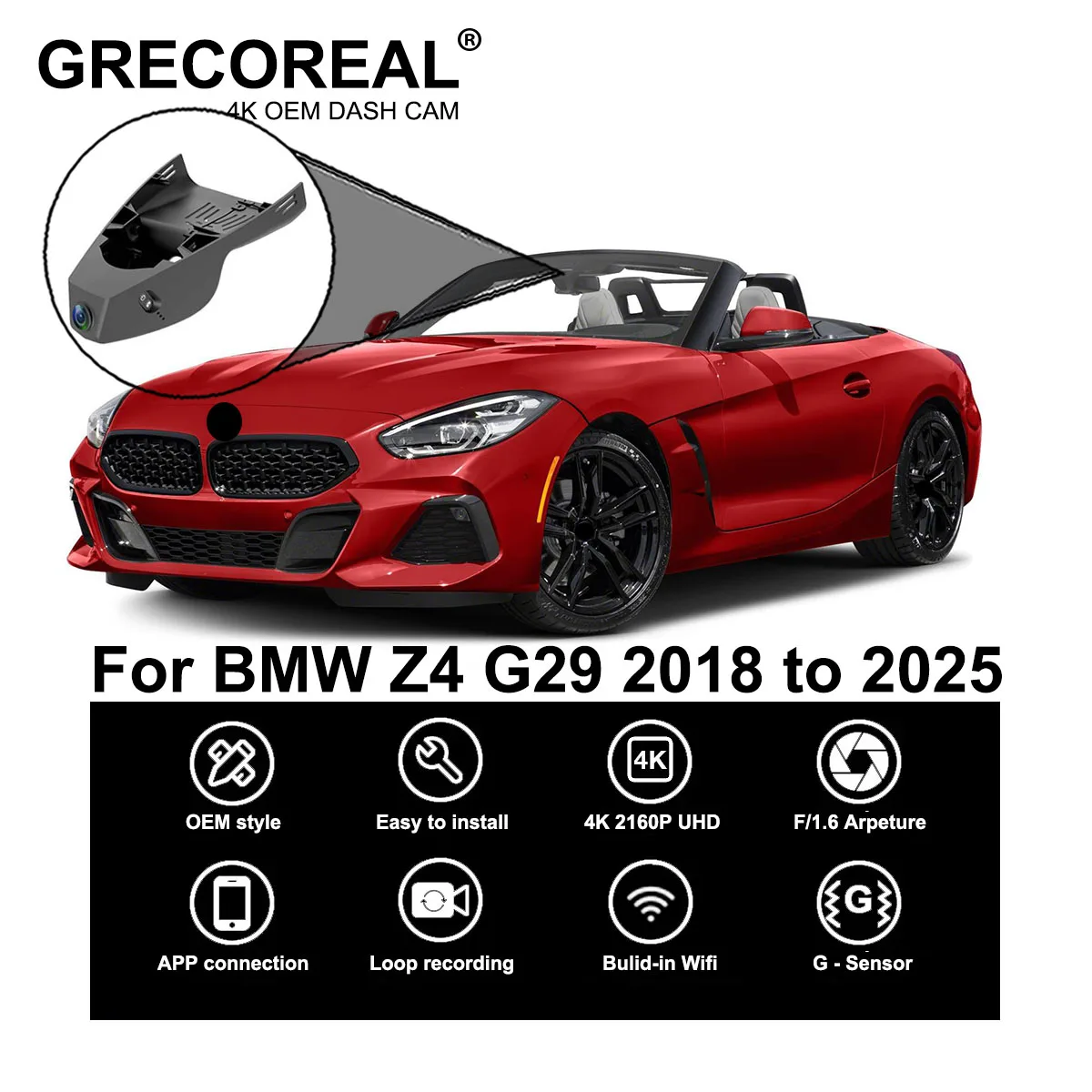 

GRECOREAL 4K Dash Cam Front and Rear 2160P WiFi Car Dual Dashcam APP Control Easy Install Plug Play Compatible with BMW Z4 G29