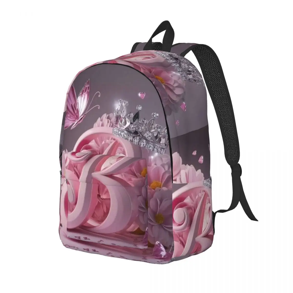 One Letter A Crown Butterfly Flowers Printed Student Backpack School Bag Hiking Daypack for Men Women Bookbag Shoulder Bags