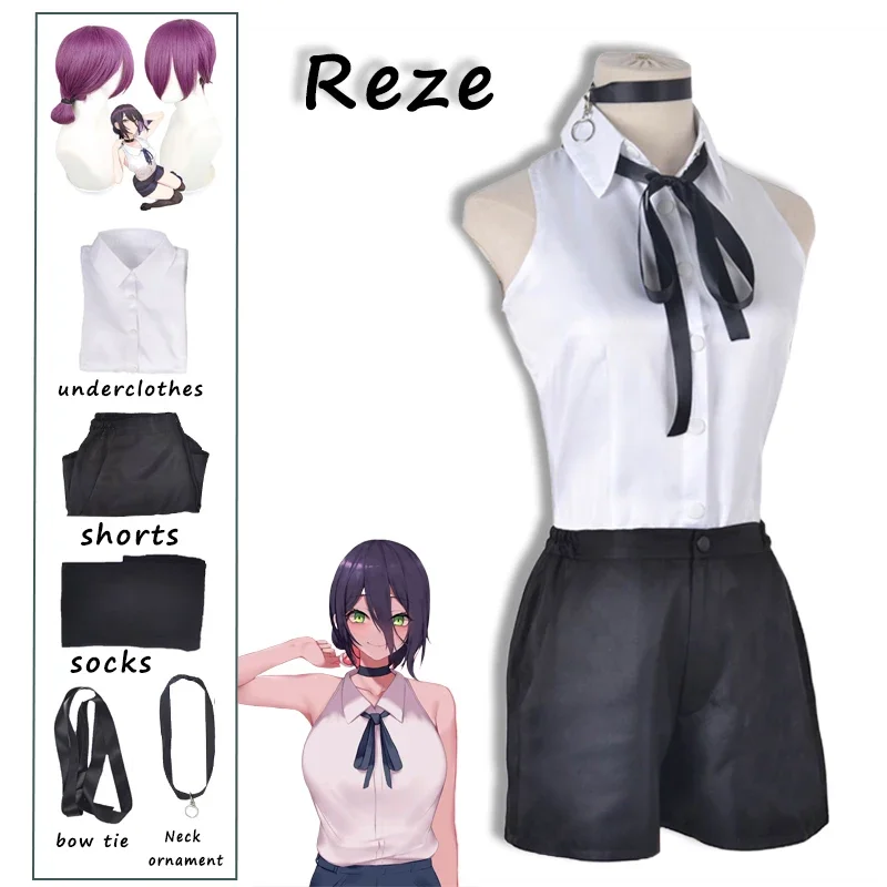 Anime Reze cosplay chainsaw man cosplay costume bomb shirt outfits tie short neck ring Reze wig Halloween clothing for girls