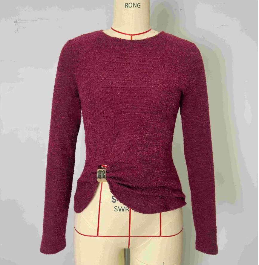 

Women Metal Buckle Pleated Slimming Long Sleeve Top Autumn New Solid Clothing Temperament Commuting Women's Fashion Blouses Tee