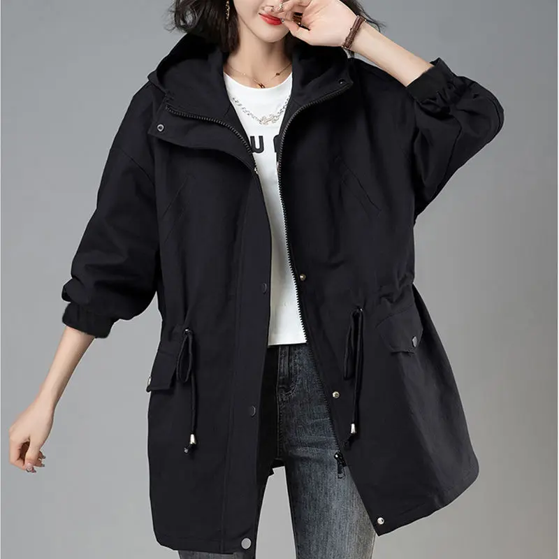 2023 New Spring Fall Women\'s Jackets Windbreaker Female Hooded Casual Basic Coat Korean Loose Zipper Jacket Drawstring Outerwear