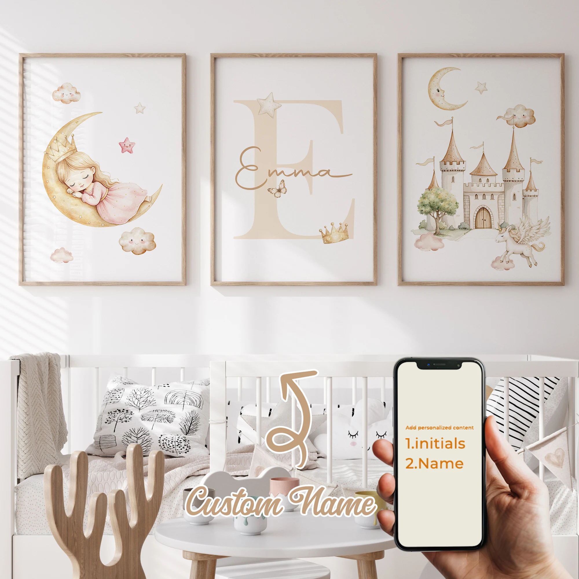 

3pcs Personalized Custom Name Cartoon Yellow Castle Wall Art Print Picture Canvas Poster Painting For Living Room Home Decor