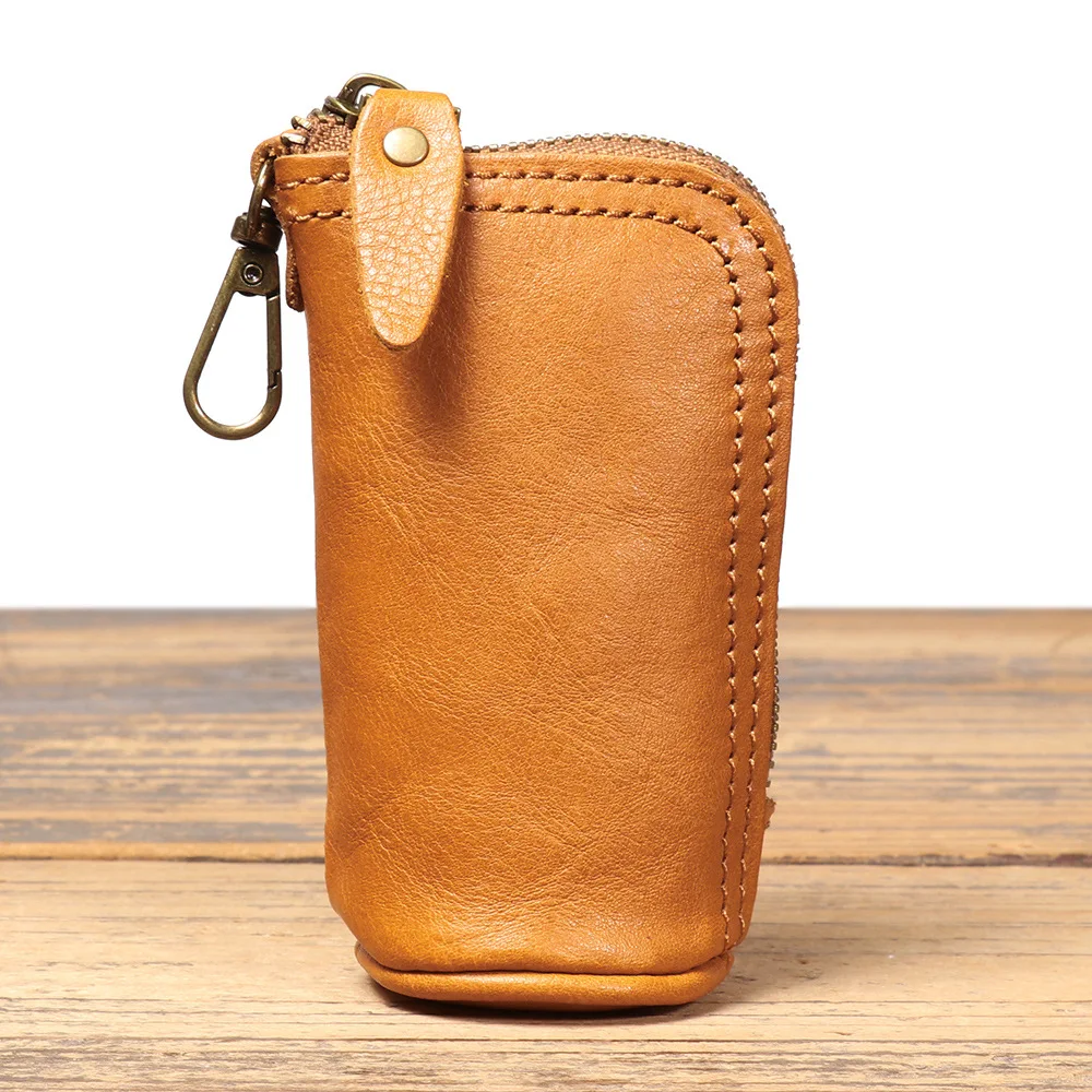 LJ-78040 Vintage Genuine Leather Key Bag,Vegetable Tanned Leather Change Bag,Top Layer Cowhide Key Storage Bag