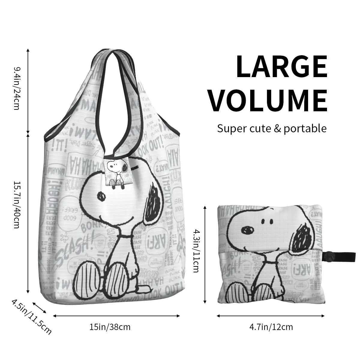 Personalizzato carino Snoopys su nero bianco fumetti Shopping Tote Bags portatile arachidi generi alimentari borsa Shopper a tracolla