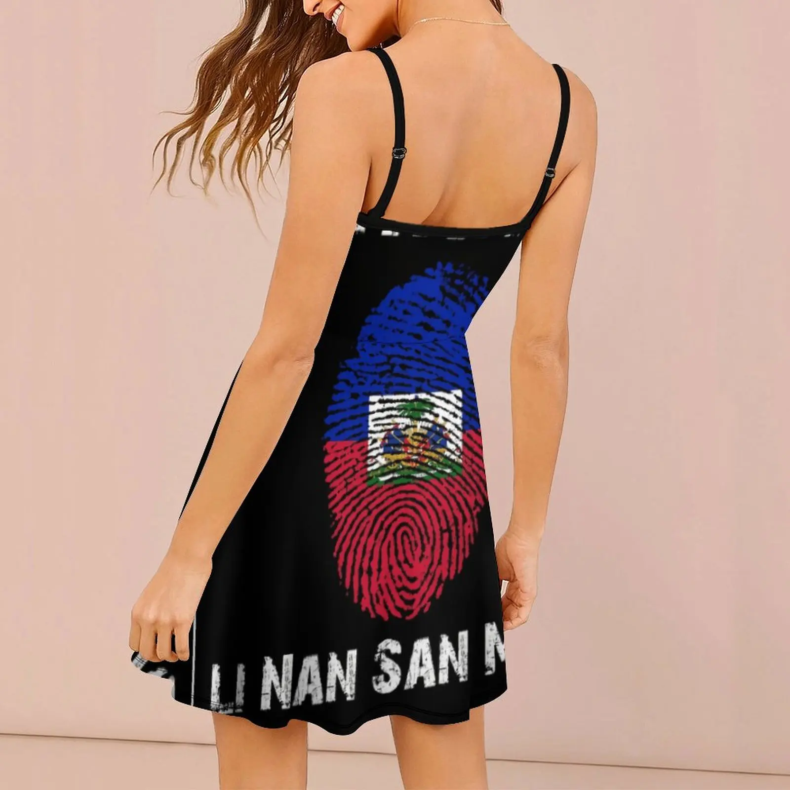 Haiti Li Nan San Mwen   Fingerprint With Haitian Flag Women's Sling Dress Cute Exotic  Woman's Gown Funny Novelty Parties Suspen