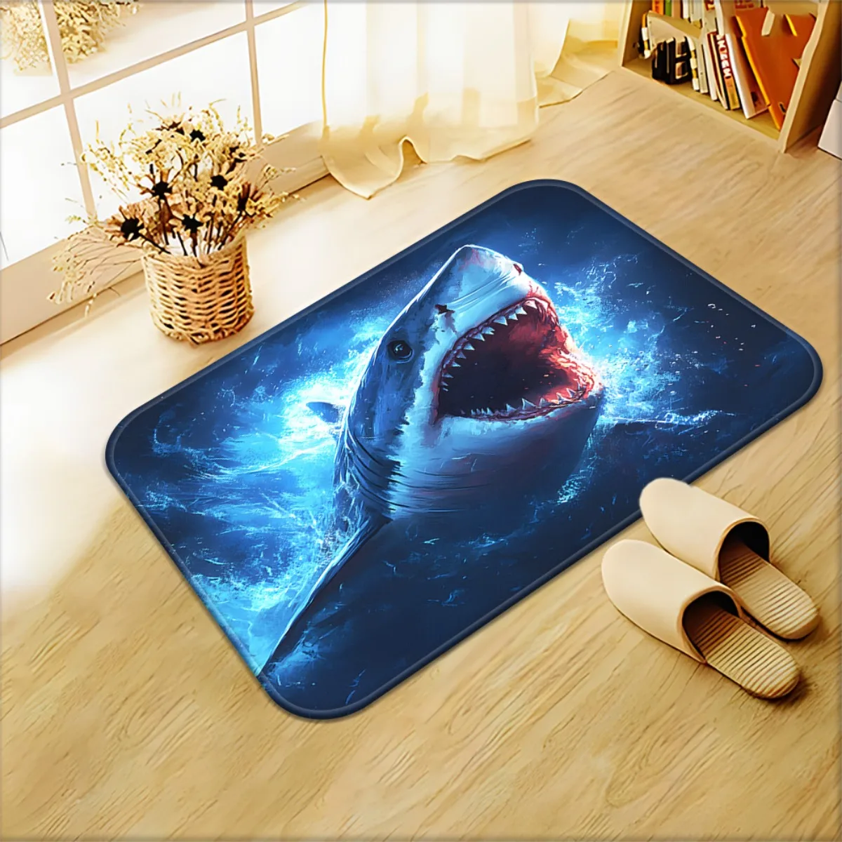 1pc of Shark-Themed Door Mat Featuring a Blue Water Design, Made of 700Gsm Non-Slip Microfiber. This Absorbent Polyester Rug I