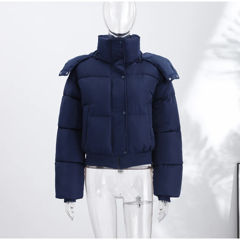 Women's Cropped Puffy Jacket Detachable Hood Drawstring Waist Drop Shoulder Long Sleeve Loose Padded Winter Down Jackets