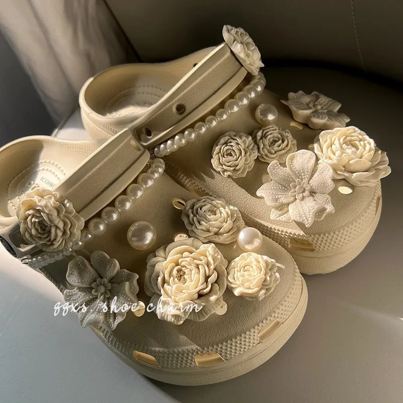 16PCS Fashion Shoe Charms Set Accessories Hole Shoe Buckle  Advanced Bouquet Pearl Chain DIY 3D Flowers Shoes Decorations